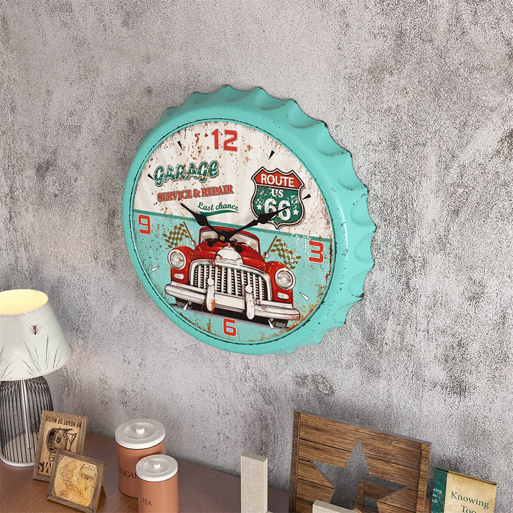 Menterry Bottle Cap Design Iron Retro Wall Clock, 13 inch Vintage Antique Style, Silent Battery Operated Creative Decor Wall Clocks for Garage,Farmhouse,Office,Beer bar,Cafes,Kitchen,School (Green)